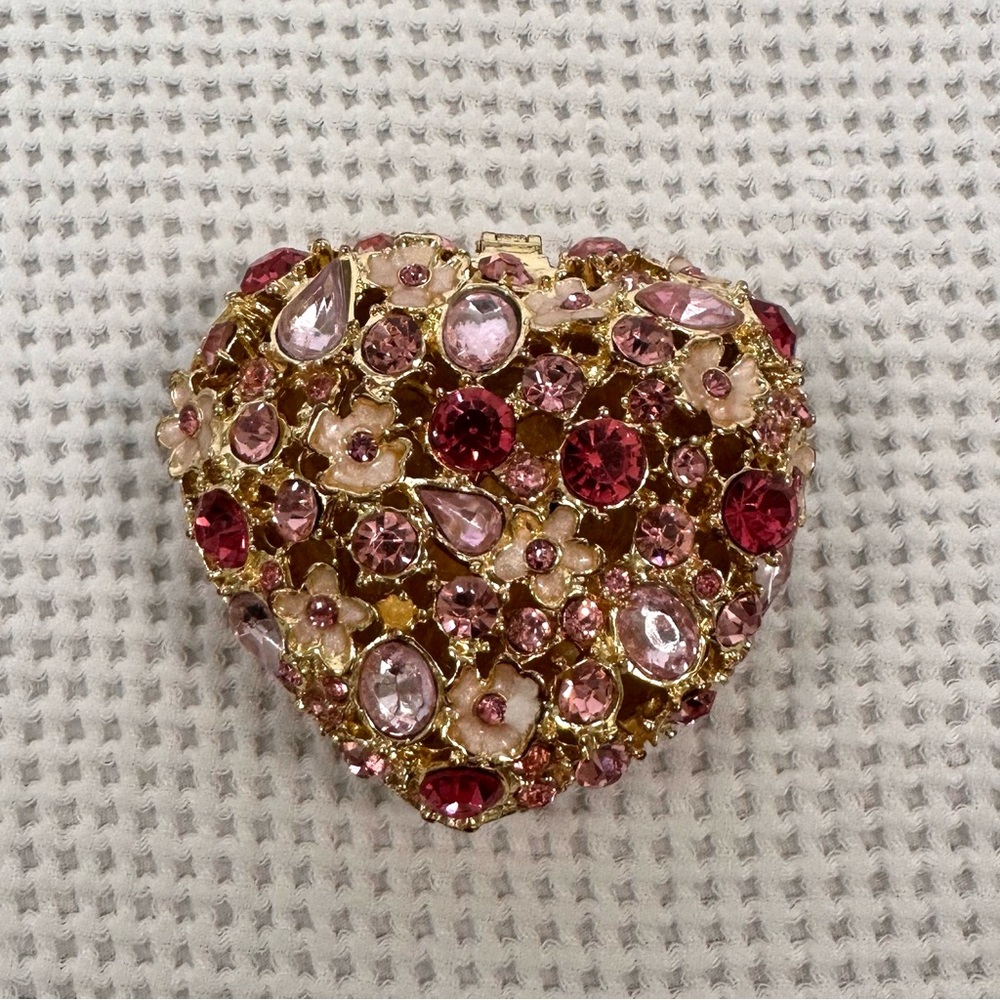 Small Pink and Gold and Floral Heart Shaped Jewelry Trinket Box